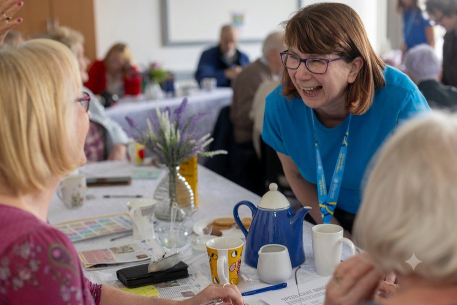 An Oddfellows host looking after members who are sat at a table at an event