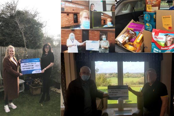A collage of pictures showing different Oddfellows Branch members handing over large cheques and other donations