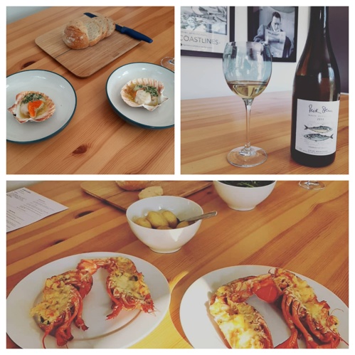 Collage of three images: Scollops, bottle of white wine and glass and the lobsters with a side of potatoes - all prepared and ready to eat
