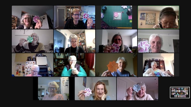 Zoom screen of lots of members enjoying crafting together