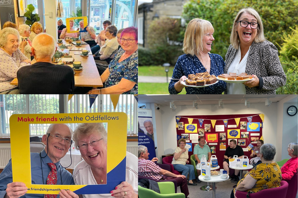 Collage of four different Friendship Month community events. Lots of smiling people