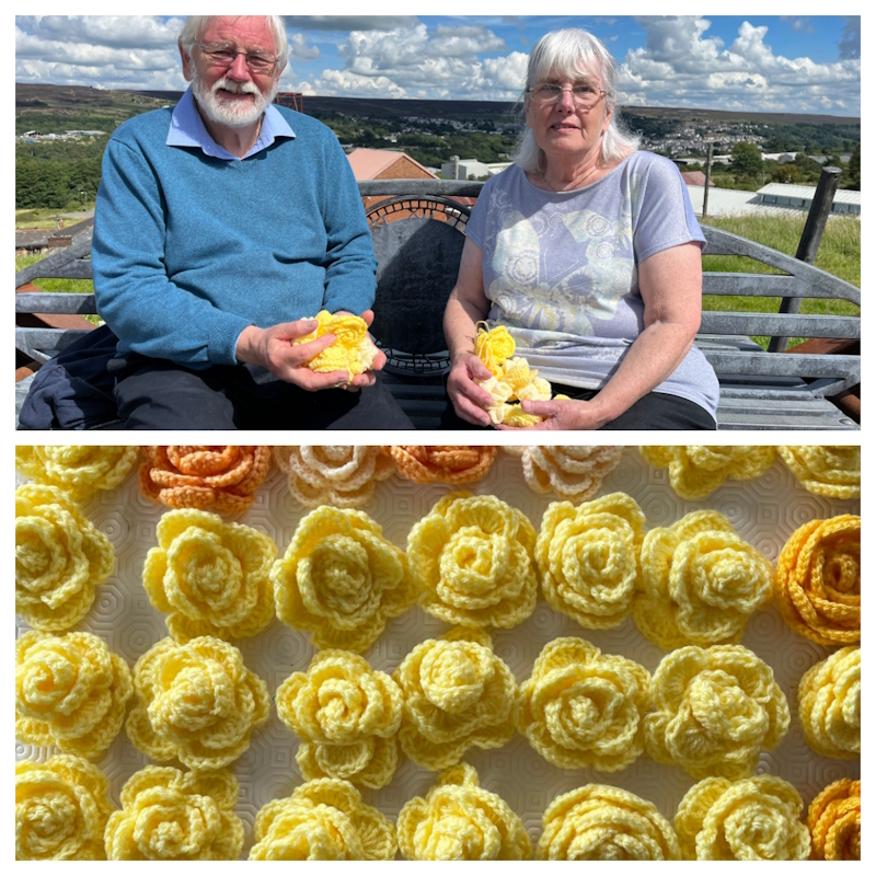 A collage of one picture of a couple of members sat on a bench holding a handful of knitted yellow roses and a close up of the knotted roses