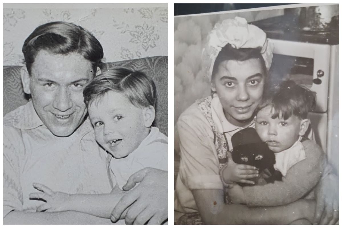 Two old black and white photographs. On the left a man hugging his infant son and on the right a woman hugging her infant son who is holding a teddy